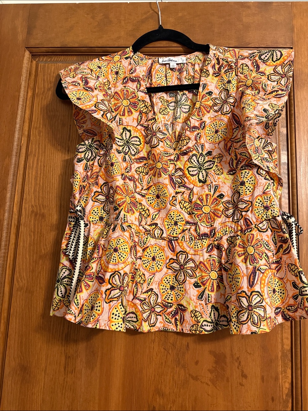 Sam Edelman Orange Floral Ruffle Sleeve Peplum Top